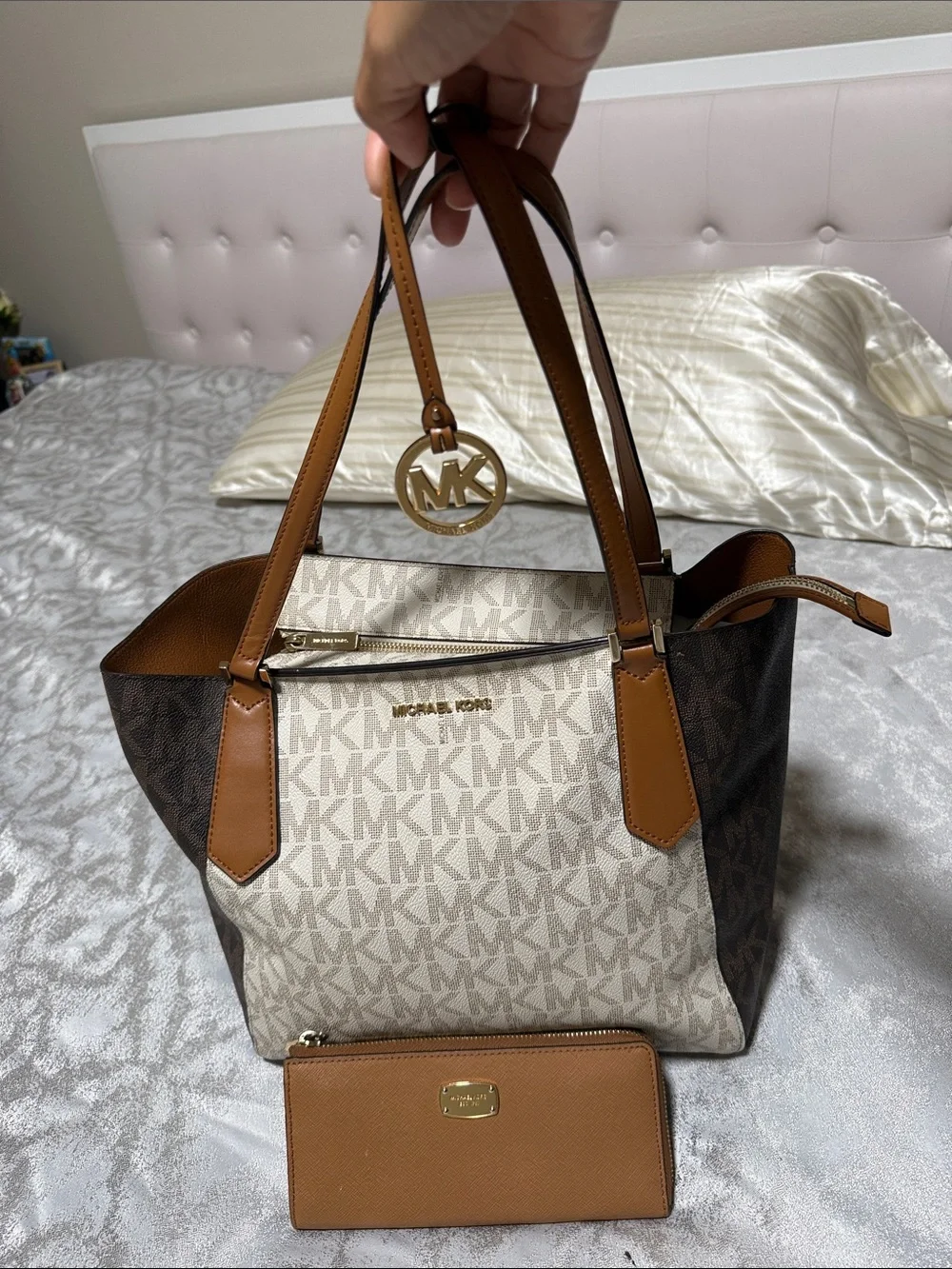 Michael Kors Cream, Brown & Tan Signature Tote with Matching Tan Wallet